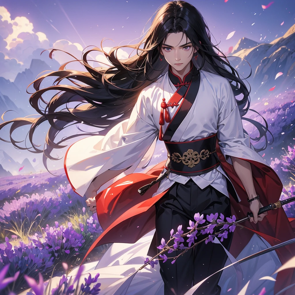 A Handsome black-hair male holding a large sword in red-white ancient general chinese, close up.
Stroll among the purple lavender fields , There are some floating clouds,