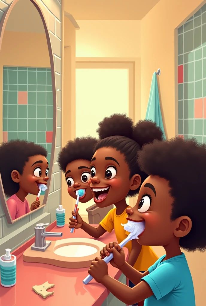Create a drawing of black children brushing teeth, the step by step mode