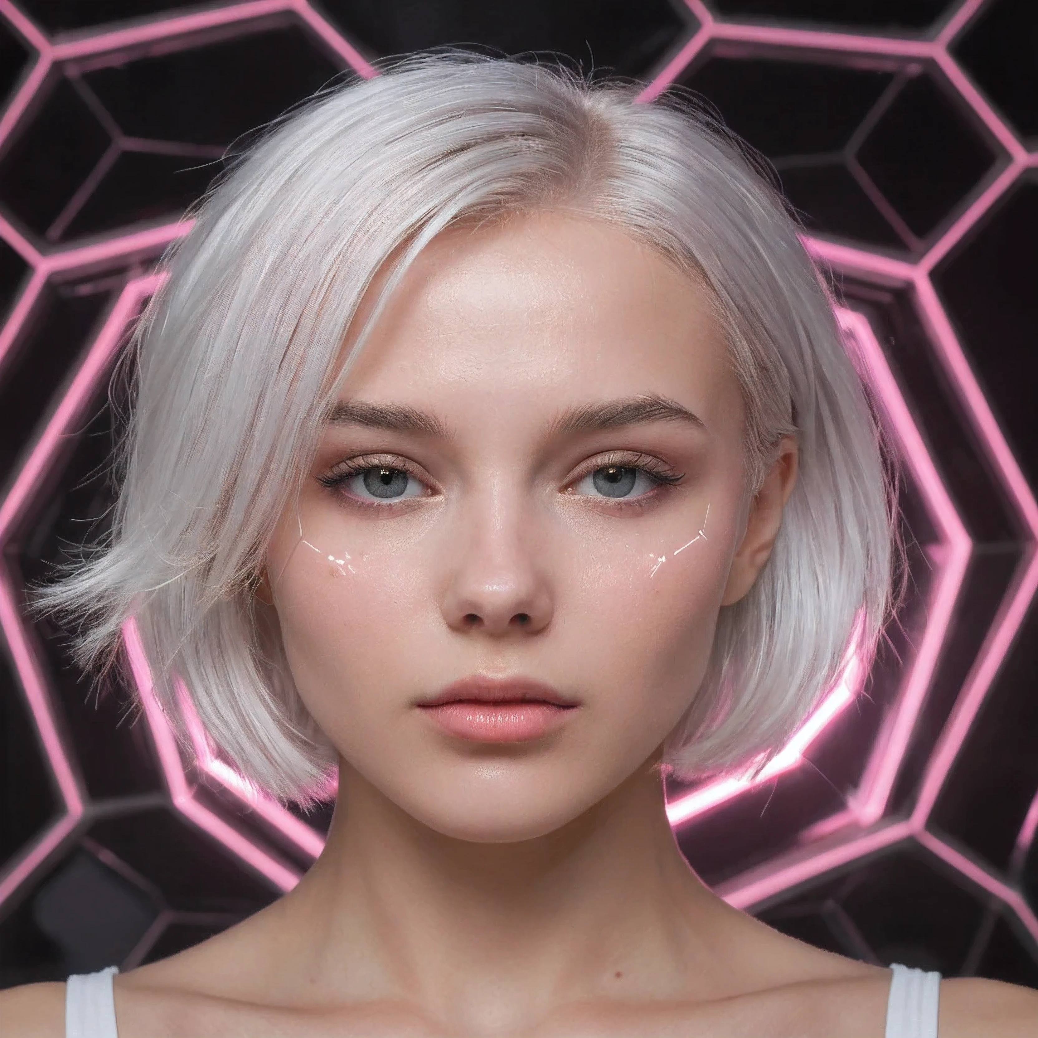 A beautiful attractive young woman with pink | silver short hair, top body portrait, in the style of Moebius, full of pink and white hexagons in the background, with a futuristic sci-fi aesthetic style, simple details, minimalism, black lines, clean pictures. The skin is white and she has an extremely delicate face that resembles floating glass. A sense of mystery, soft lighting, ultra-high definition images, and a cool color tone. She is wearing, 32k ,uhd