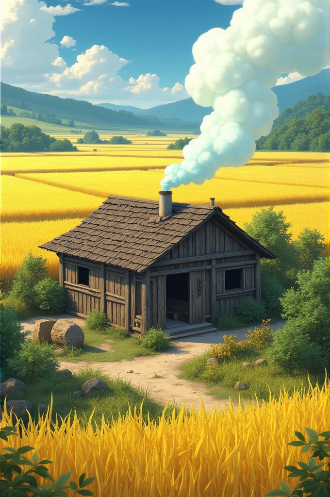 Give me 5 pictures of the old kitchen located in the golden rice fields with light blue smoke