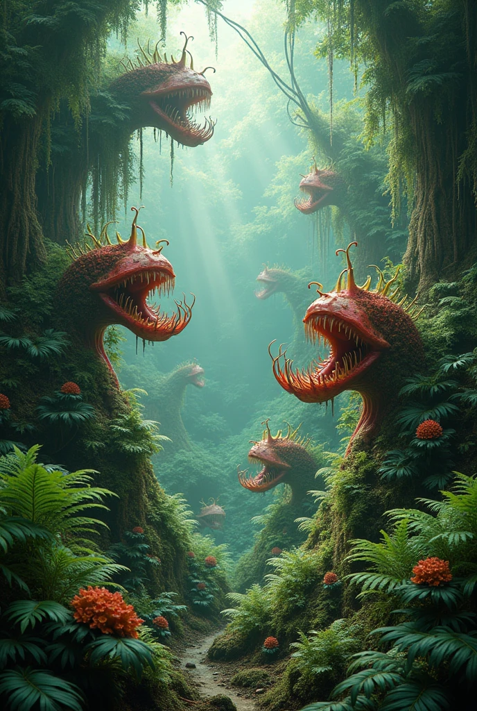 masterpiece、 Highest quality, Highly detailed、8k、 High resolution, Fantasy、Fern Jungle、A mysterious ecosystem、Carnivorous plants、