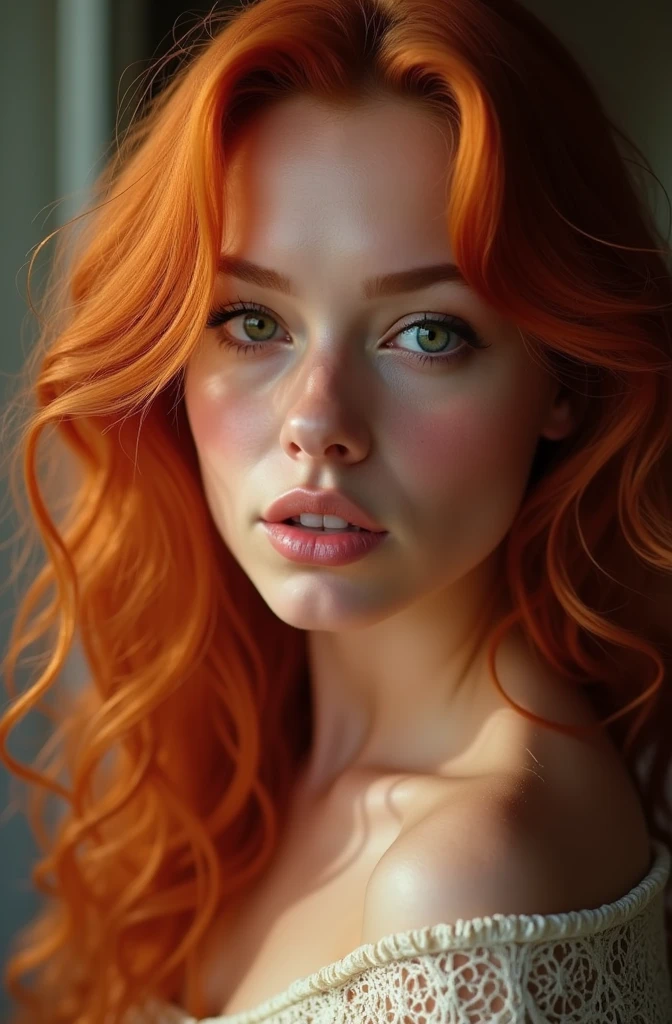 Sexy nude green eyed girl with curly red hair takes dirty selfies with her phone. She is realy hot. Ultra realistic.
