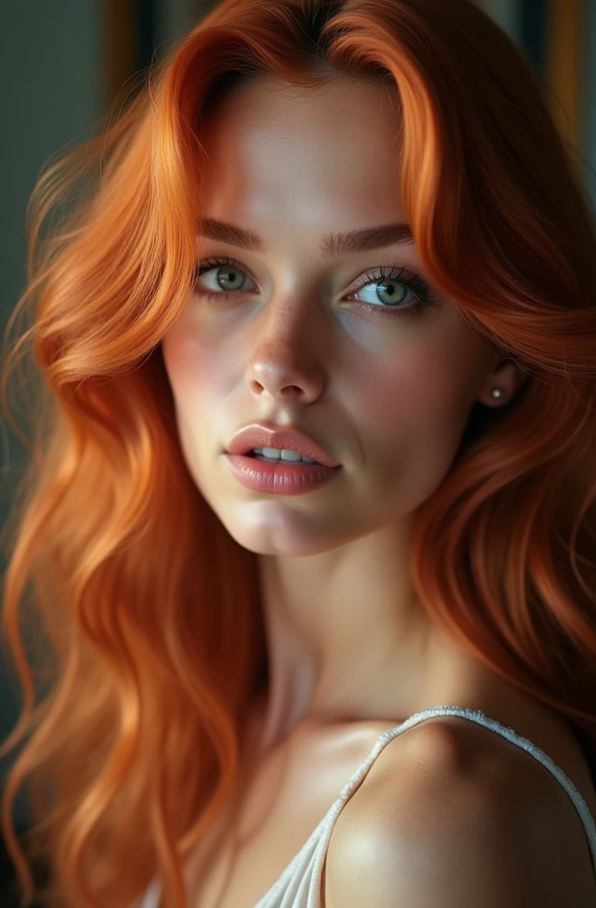 Sexy nude green eyed girl with curly red hair takes dirty selfies with her phone. She is realy hot. Ultra realistic.