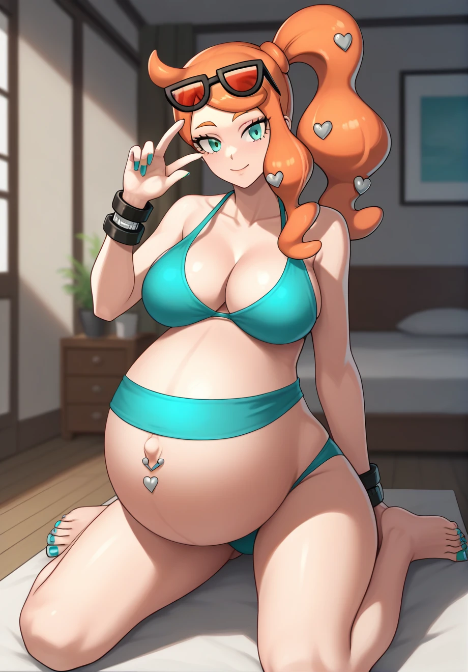 score_9, score_7_up BREAK solo,EPpkSonia,orange hair, side ponytail, aqua eyes, long hair, eyewear on head, sunglasses, heart hair ornament, aqua bikini, Big breasts, pregnant, big belly, large belly, Belly button piercing, cleavage, bracelet, collarbone, panties, nail polish, aqua nails, aqua toenails, indoors, 