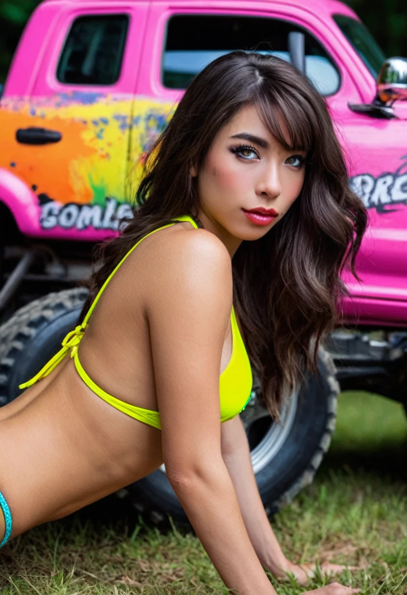 beautiful detailed eyes, beautiful detailed lips, extremely detailed eyes and face, long eyelashes, 1girl, sexy pose, tiny bikini, color matches vehicle, posing beside monster truck, enormous wheels, crazy decals, best quality, 4k, 8k, highres, masterpiece:1.2, ultra-detailed, realistic, photorealistic, photo-realistic:1.37, HDR, UHD, studio lighting, ultra-fine painting, sharp focus, physically-based rendering, extreme detail description, professional, vivid colors, bokeh, fantasy, concept art