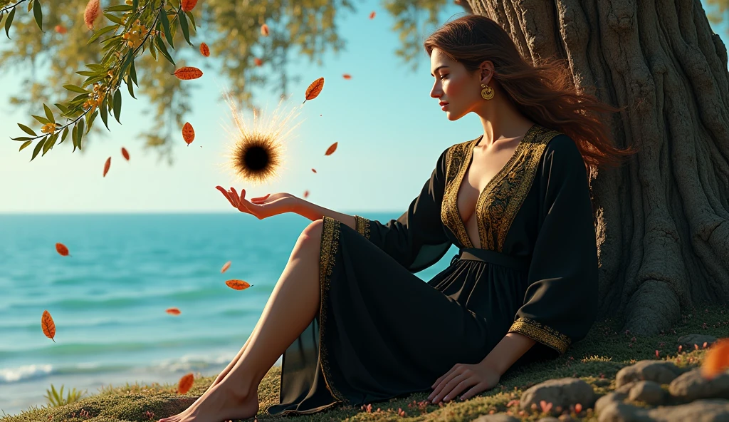 Masterpiece, best quality, (very detailed CG unity 8k wallpaper) (best quality), (best shadows) Nature, blue sea,delicate leaves petals of various colors falling in the air, super detailed , woman 30 years old, arm outstretched, black hole on his hand with sparks of electricity . brown hair, short black greek robe with golden laces. sitting against a tree (Eucalyptus deglupta), vanessa decker