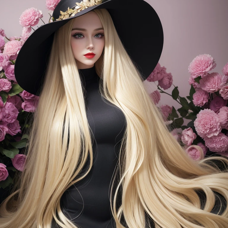Curvy body,muscular stomach ,perfect face, red lips, green eyes,long black hair with very long blonde hair, super long blonde hair with very super long black hair, large hair, huge hair, woman wearing purple waisted mermaid dress, flowers hat, macro photography, macro lens, close-up, highly detailed ,Beautiful laughing woman smile