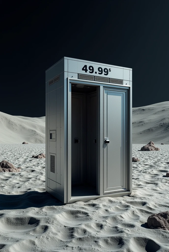 An image showing a public toilet on the moon with the sign next to it showing the price which is 49,99