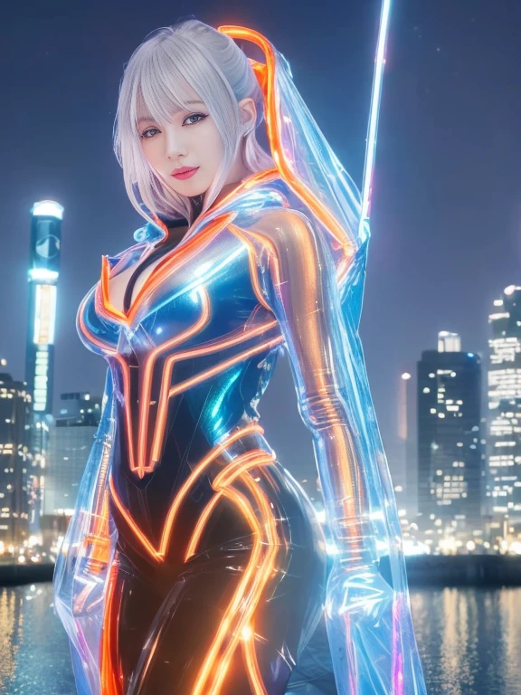 Lake at night,(Gorgeous night illuminations:1.3),(Standing in the night:1.3)The actress is a very beautiful adult woman........(Sexy super shiny orange transparent holographic mechanical cyberpunk suit with hood:1.3) ,(A mechanical hooded suit that lights up with vibrant LEDs:1.3),Surrounded by a network of wires. surrounded by circuits.Sexy Face, necklace,Earrings, Smile.Sexy pose, (Silver Hair、精巧な編み込みとビーズで飾られたponytailのツイストバンズ,),(The bangs are see-through),(hairpin、ponytail、Wear a hood、),Chest slip,(Emphasize large breasts:1.3),Professional Lighting,Cinematic Light,(Tabletop,Highest quality,Ultra-high resolution output images,) ,(8K quality,),(SeaArt 2 Mode:1.3),,(Picture Mode Ultra HD,)