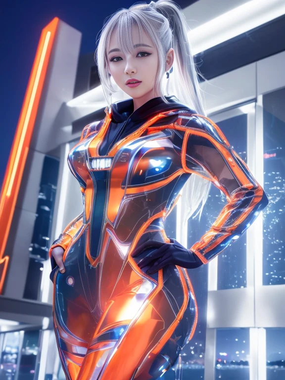 Lake at night,(Gorgeous night illuminations:1.3),(Standing in the night:1.3)The actress is a very beautiful adult woman........(Sexy super shiny orange transparent holographic mechanical cyberpunk suit with hood:1.3) ,(A mechanical hooded suit that lights up with vibrant LEDs:1.3),Surrounded by a network of wires. surrounded by circuits.Sexy Face, necklace,Earrings, Smile.Sexy pose, (Silver Hair、精巧な編み込みとビーズで飾られたponytailのツイストバンズ,),(The bangs are see-through),(hairpin、ponytail、Wear a hood、),Chest slip,(Emphasize large breasts:1.3),Professional Lighting,Cinematic Light,(Tabletop,Highest quality,Ultra-high resolution output images,) ,(8K quality,),(SeaArt 2 Mode:1.3),,(Picture Mode Ultra HD,)