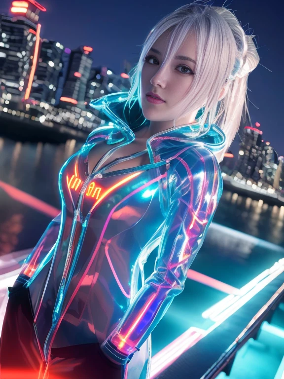 Lake at night,(Gorgeous night illuminations:1.3),(Standing in the night:1.3)The actress is a very beautiful adult woman........(Sexy super shiny orange transparent holographic mechanical cyberpunk suit with hood:1.3) ,(A mechanical hooded suit that lights up with vibrant LEDs:1.3),Surrounded by a network of wires. surrounded by circuits.Sexy Face, necklace,Earrings, Smile.Sexy pose, (Silver Hair、精巧な編み込みとビーズで飾られたponytailのツイストバンズ,),(The bangs are see-through),(hairpin、ponytail、Wear a hood、),Chest slip,(Emphasize large breasts:1.3),Professional Lighting,Cinematic Light,(Tabletop,Highest quality,Ultra-high resolution output images,) ,(8K quality,),(SeaArt 2 Mode:1.3),,(Picture Mode Ultra HD,)