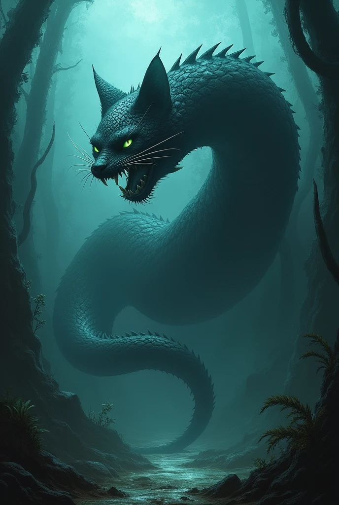 Draw a cat combined with a snake and living underwater in a really horror style, giant and scary 