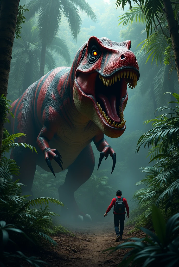 Red Tyrannosaurus Rex with black stripes hiding in the undergrowth in the African forest at night in front of a hunting man. Terror. frightful. fear. 