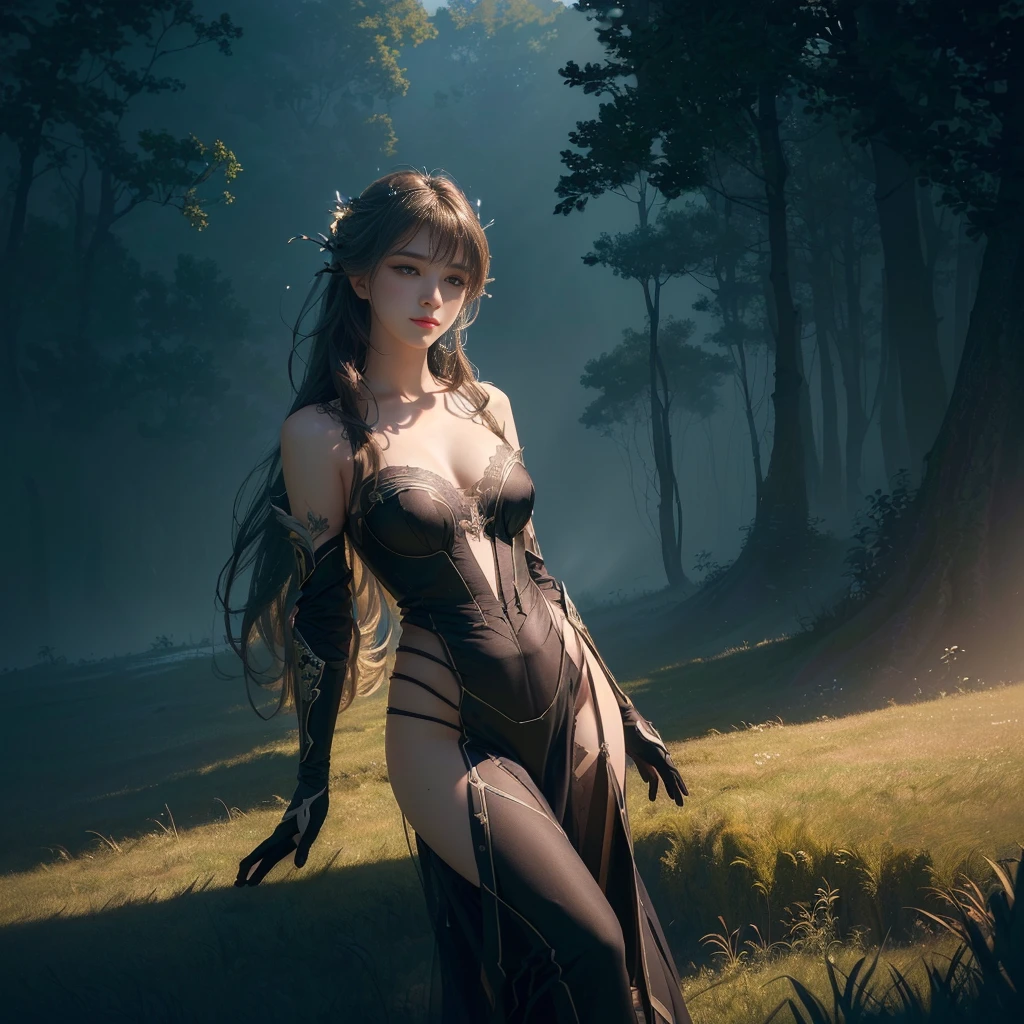 masterpiece, best quality, (Extremely detailed CG unity 8k wallpaper), (best quality), (Best Illustration), (Best shadow), absurd, Realistic lighting, (abyss), grassland，Beautiful and delicate light, Artworks by Peter Mohr Bacher,