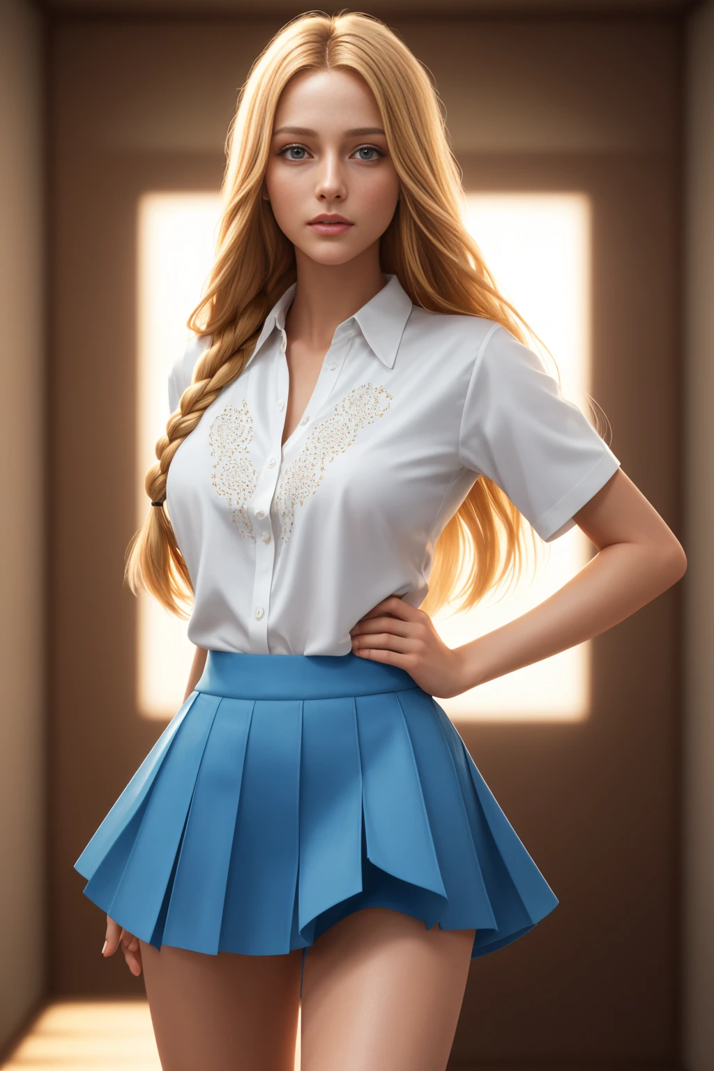 Masterpiece, Young Beautiful Girl has two long blond braids and brown eyes, 1girl, AS-Adult, long-haired, blonde hair, medium-breasts. Brown eyes, no bangs, symmetrical face. She wears a white shirt and blue skirt. Beautiful legs. (Best Illustration), (beautiful-detailed eyes), (Best Quality Face, Fingers), Symmetrical, smooth, sharp focus, illustration, realistic, artstation, award winning photography, octane render, cinematic lighting from the right, hyper realism, octane render, 8k, depth of field, 3D. She looks at the viewer. Full figure. Background out a school
