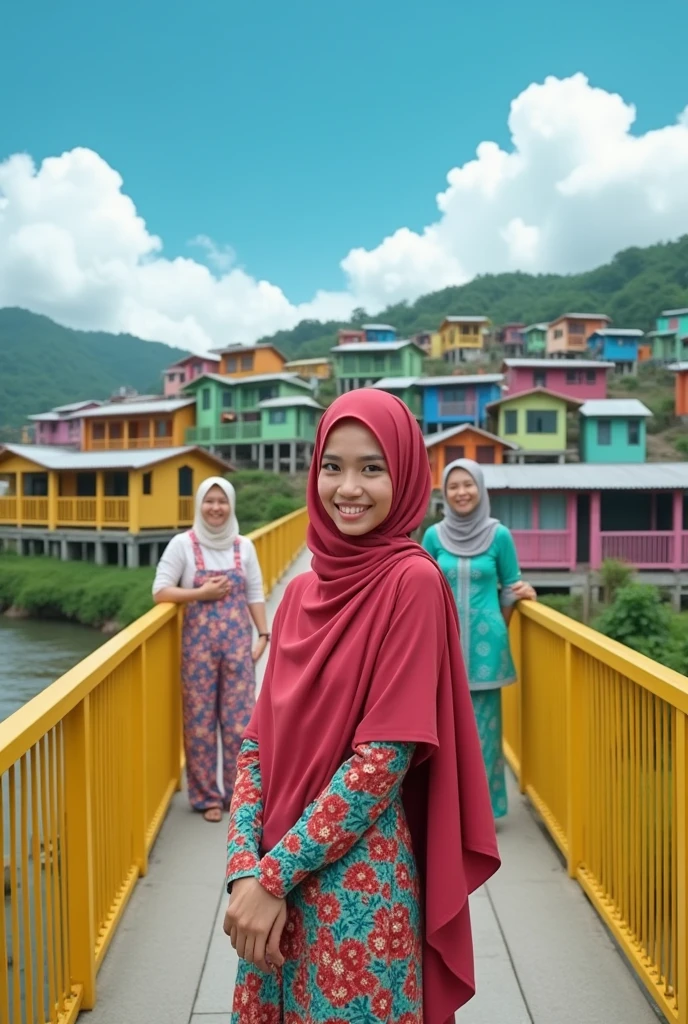 A colorful village scene with houses painted in bright and varied colors, such as yellow, green, blue, pink, and purple. The village is located on a hillside, with the houses close together, creating a lively and cheerful atmosphere. The village is known as the colorful village of Jodipan, Malang, East Java, Indonesia. In the foreground, a Asian woman wearing long hijab flowing stands confidently on a yellow and glass pedestrian bridge that stretches across the village. Closed up a woman is wearing long overall cute colorful and smiles at the camera. The sky is clear, with a few fluffy white clouds, and the overall mood of the scene is cheerful and lively. The perspective of the image emphasizes the depth of the bridge and the vibrant colors.