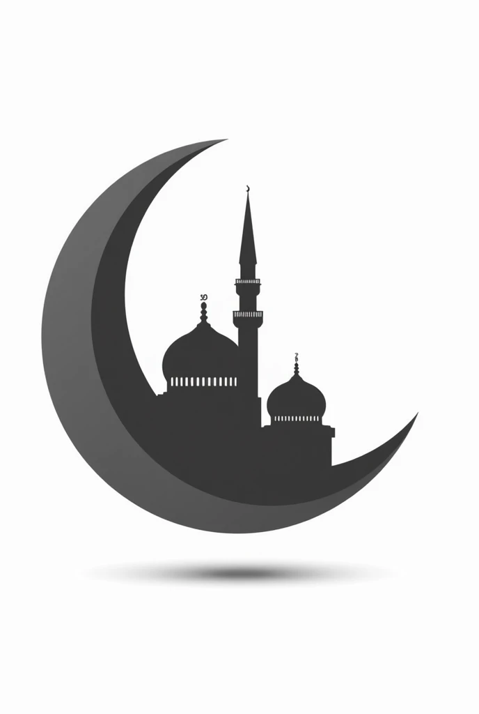 (Crescent Moon: The crescent moon is a prominent symbol often associated with Islam and Islamic culture, representing new beginnings and the Islamic calendar.Mosque Silhouette: Within the crescent, there's a silhouette of a mosque, including a dome and minarets. This symbolizes the place of worship and central aspects of Islamic faith and community.Color Scheme: The image uses a simple black and white color scheme, which gives it a clean and classic look.