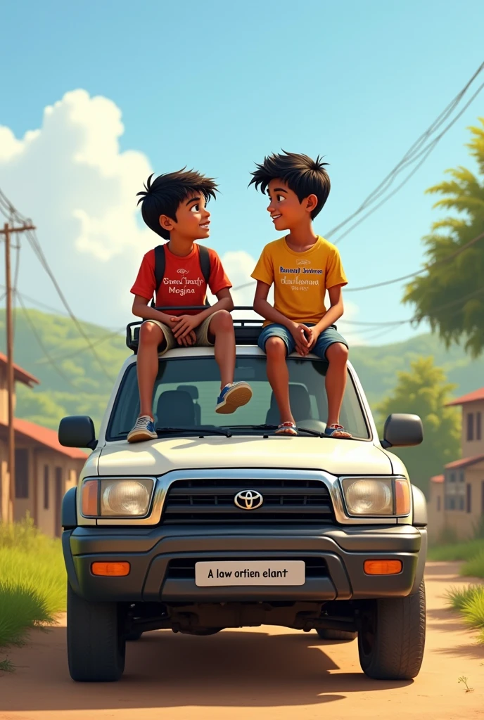 Two boys sitting on top of a fourtuner car, one has Sanjaymogiya written on his chest and the other has Rahulkushwah written on his chest