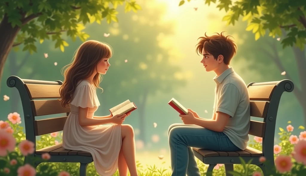 Une jeune femme assise sur un banc dans un parc ensoleillé, entourée d'arbres verdoyants et de fleurs colorées. Elle a de longs cheveux bruns légèrement ondulés et porte une robe légère d'été de couleur pastel. Elle est absorbée par la lecture d'un livre, avec une expression calme et rêveuse sur son visage. Un jeune homme assis aussi sur un autre banc  à côté de la fille entrain de lire un livre, regardant vers elle avec une expression nerveuse mais déterminée. Il a les cheveux courts et châtains, porte une chemise décontractée et un jean. L'arrière-plan montre un parc tranquille, avec des oiseaux qui chantent et des rayons de soleil filtrant à travers les arbres. L'ambiance est douce et romantique, capturant l'instant délicat d'une possible première rencontre. 8k