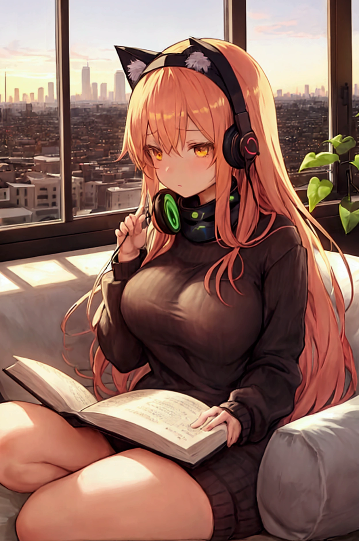 A detailed anime girl, wearing a large sweater, wearing headband headphones, lofi, tranquil, quiet vibes, chilling, in her living room reading, A large window with a view over the city, city skyline visible outside, quiet night, cat, masterpiece, best quality, big sunflowers, ficus, bougainvillea, flowers, books