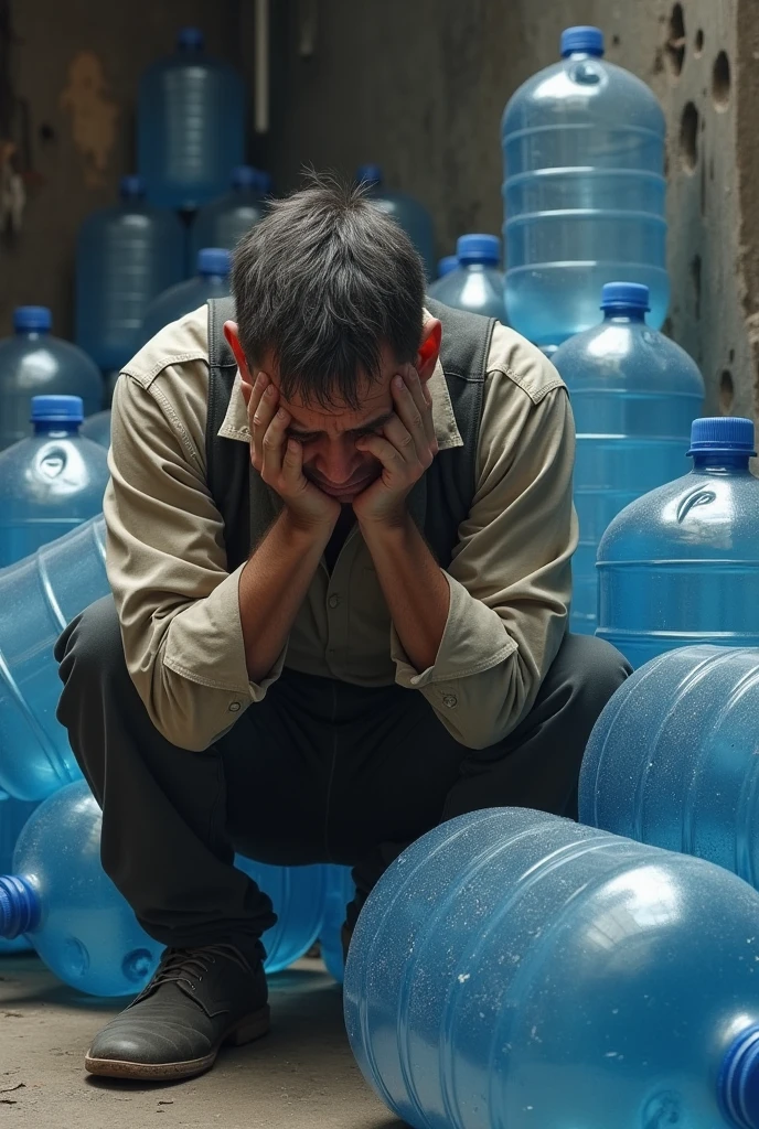 Man disappointed, head in hand , selling large water bottles