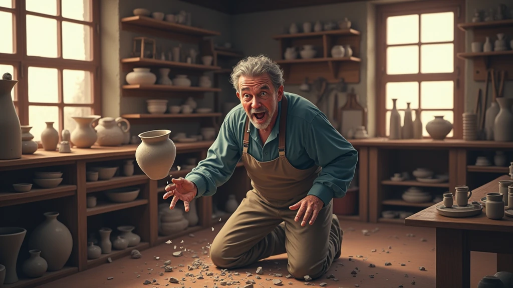based on this image create the next one without leaving the context of the image please: samuel, still in his workshop, he is about to place the newly finished vase on a high shelf. however, he accidentally trips over a tool on the floor. A expressão no rosto de samuel se transforma rapidamente de concentração para choque, with his eyes wide and mouth agape, as the vase slips from his hands. in slow motion, The vase falls, and we see the shards scattering across the floor. The lighting of the scene changes to a colder tone, with shadows that heighten the sense of impending tragedy. The workshop floor, formerly organized, now it's filled with fragments of pottery, and the colors of the scene become darker, with shades of gray and blue.