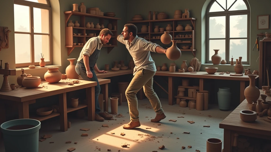 based on this image create the next one without leaving the context of the image please: samuel, still in his workshop, he is about to place the newly finished vase on a high shelf. however, he accidentally trips over a tool on the floor. A expressão no rosto de samuel se transforma rapidamente de concentração para choque, with his eyes wide and mouth agape, as the vase slips from his hands. in slow motion, The vase falls, and we see the shards scattering across the floor. The lighting of the scene changes to a colder tone, with shadows that heighten the sense of impending tragedy. The workshop floor, formerly organized, now it's filled with fragments of pottery, and the colors of the scene become darker, with shades of gray and blue.