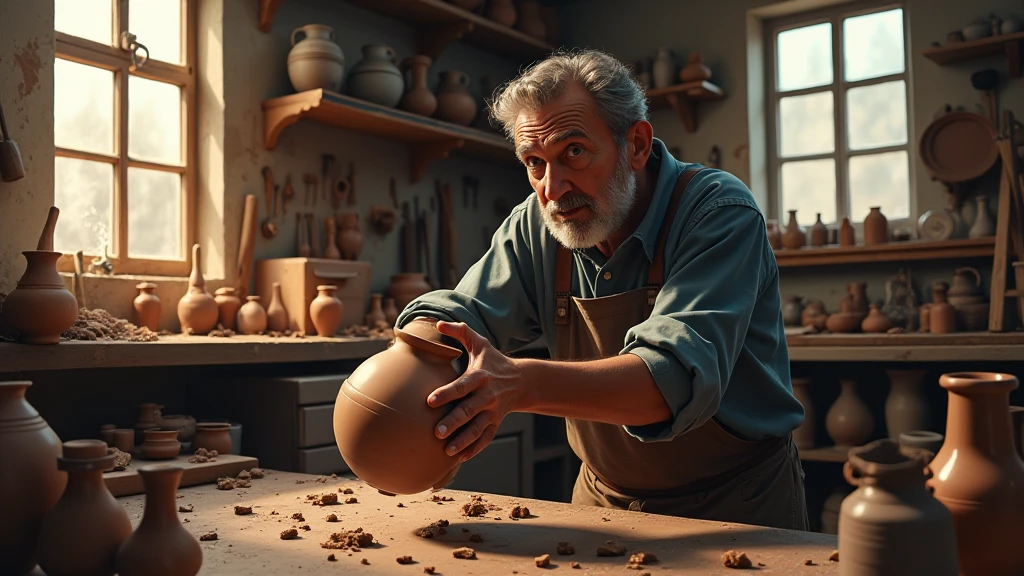 based on this image create the next one without leaving the context of the image please: samuel, still in his workshop, he is about to place the newly finished vase on a high shelf. however, he accidentally trips over a tool on the floor. A expressão no rosto de samuel se transforma rapidamente de concentração para choque, with his eyes wide and mouth agape, as the vase slips from his hands. in slow motion, The vase falls, and we see the shards scattering across the floor. The lighting of the scene changes to a colder tone, with shadows that heighten the sense of impending tragedy. The workshop floor, formerly organized, now it's filled with fragments of pottery, and the colors of the scene become darker, with shades of gray and blue.