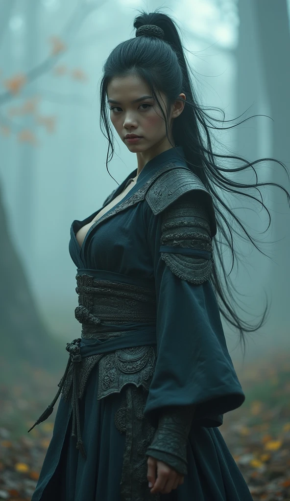 a beautiful female warrior in a misty, foggy environment, highly detailed, cinematic, dramatic lighting, fantasy art, concept art, epic, masterpiece, (best quality,4k,8k,highres,masterpiece:1.2),ultra-detailed,(realistic,photorealistic,photo-realistic:1.37),8k, extremely detailed, hyper realistic, intricate details, cinematic composition, moody atmosphere, dramatic lighting, misty forest, magical, epic fantasy, powerful female warrior, detailed armor, elegant kimono, flowing hair, determined expression, piercing gaze, graceful pose, magical energy emanating, foggy, atmospheric, dramatic, LARGE BREASTS