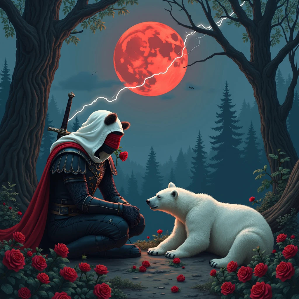 Male knight with a white hood with bear ears with sword behind his back sits towards a polar bear in a forest while the moon shines, many Roses cover the ground and lightning falls from the sky. The polar bear sleeps in front of the knight. Only the man wears a red blindfold. In the background of the picture is the blood moon and a tree has fallen down in the path. The forest is full of trees with leaves. The armor of the man is black and red roses decorate it. The knight smells on a rose.
