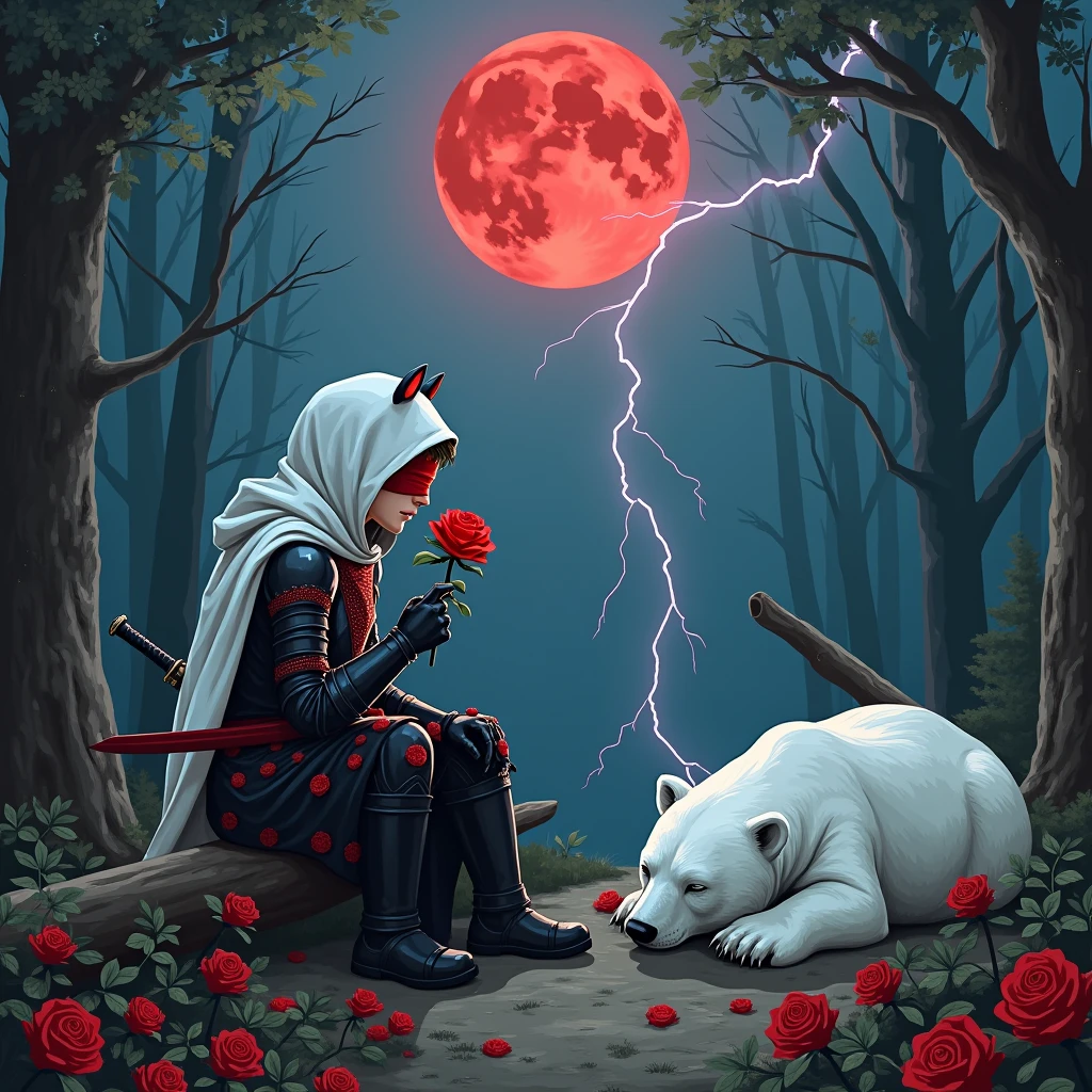 Male knight with a white hood with bear ears with sword behind his back sits towards a polar bear in a forest while the moon shines, many Roses cover the ground and lightning falls from the sky. The polar bear sleeps in front of the knight. Only the man wears a red blindfold. In the background of the picture is the blood moon and a tree has fallen down in the path. The forest is full of trees with leaves. The armor of the man is black and red roses decorate it. The knight smells on a rose.