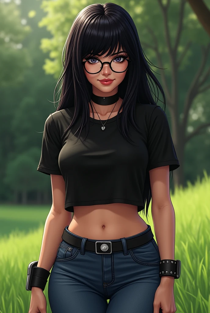 woman sssniperwolf with glasses and choker necklace and black crop top tshirt and tight jeans thick_thighs standing in a lawn with bang hair masterpiece, best quality