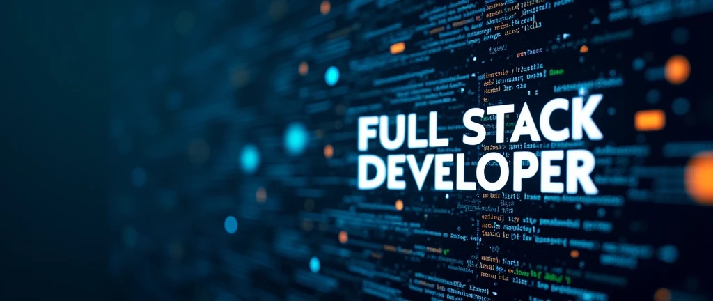 Create an image with a dark navy blue background featuring the words 'Full Stack Developer' in white text positioned on the right side of the photo. The image should convey software development and technology themes, incorporating elements of programming code. Design the image to be creative, impactful, and visually attractive with a beautiful and striking design.