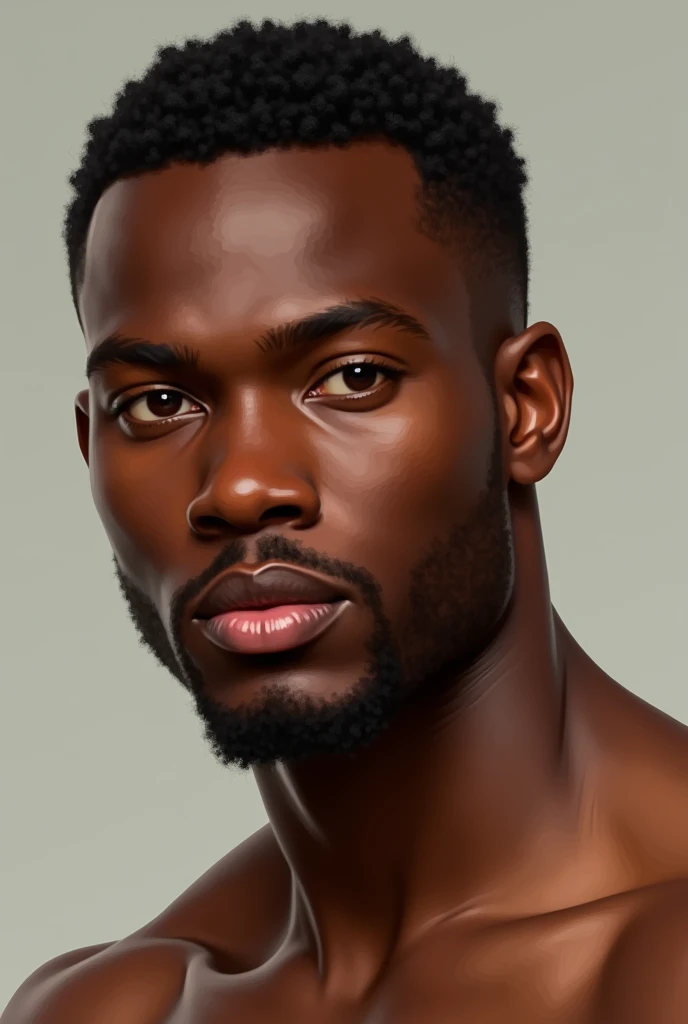 A muscular young African man, curled hair, clear eyes