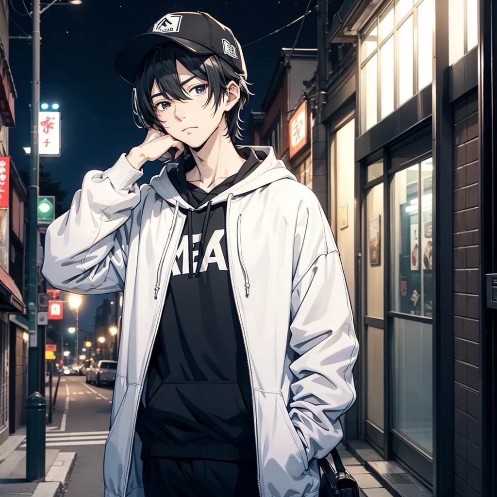One man、He was wearing a white hoodie，A man in his 20s with short black hair stands against a wall、night、Street Style（Indifferent 1.5）（Frowning 1.5）（Blue Cap Hat 1.5）（背景はnightの街の1.5）Anime Style4 K，anime rendering，Anime Style。8k，handsome anime face（Upper body display 1.8）（The Man Who Goes Through Transfiguration 1.8）（Cinema Lighting 1.5）（Master's masterpiece：1.4）（Ultra high definition 1.5）（Highest quality 1.5）