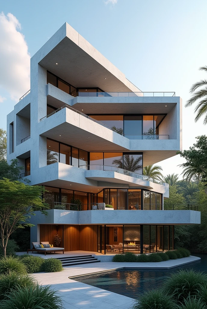 Create me an unique extrior of a big house that shows fluidity and geomtric shapes sharp edges and lines make it realistic