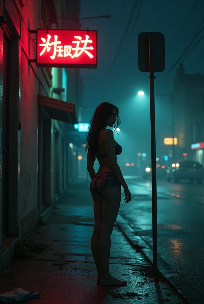 detailed illustration of a beautiful young woman, perfect physique, slender and graceful forms, large imposing chest, charming modesty, red hair, perfection (shy), topless top and tight-fitting transparent lace shorts of red, blue and gold color [  elegant].  she walks serenely down a night street, running her hands through her wet red hair, the neon lights highlighting her wet skin.  cyberpunk city, post apocalyptic, 8K resolution, full length shot