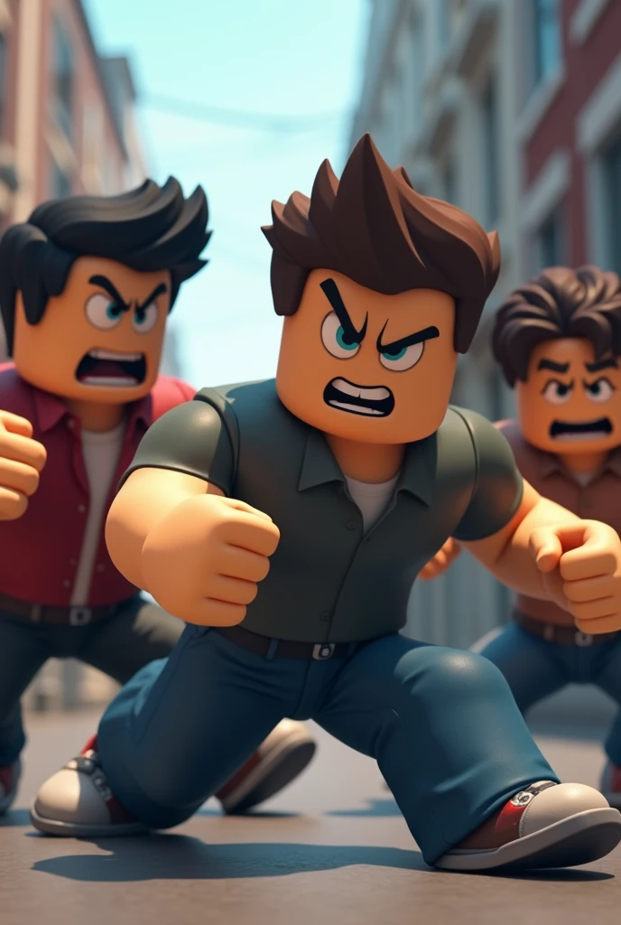 I WANT 3 ROBLOX GAME CHARACTERS WITH THE APPEARANCE OF BULLY GUYS WITH AN ANGRY FACE AND RUNNING IN THE SAME DIRECTION IN A SCENARIO SET IN THE GAME