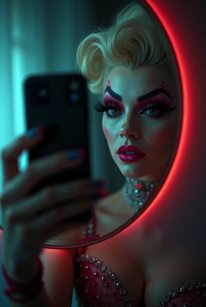 Realistic drag queen takes selfie with mirror where half of her face appears