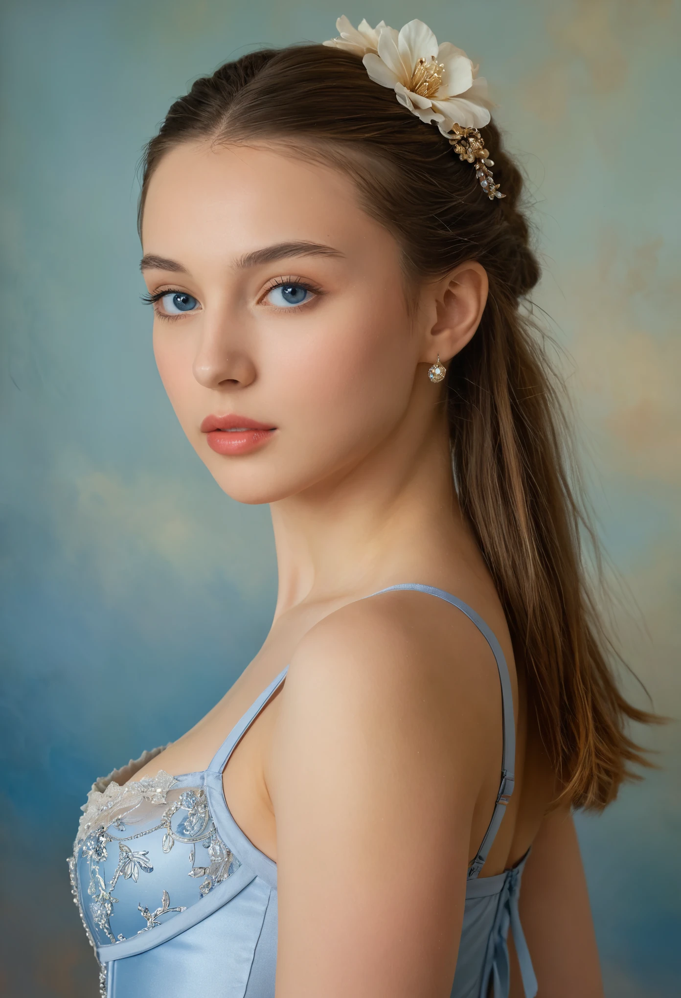 (highres,masterpiece:1.2),(realistic:1.37)"(best quality, highres, ultra-detailed, realistic),beautiful 19th-century portrait of a 1 French ballet dancer, (She is half French and half Japanese, and is a stunning beauty with dark blue eyes and a high nose:1.1), elaborate ballet costume, detailed facial features, long graceful neck, flowing locks of hair, poised and elegant posture, soft and delicate lighting, classic oil painting medium, vibrant colors, subtle background with floral motifs", dreamy atmosphere, Surrealism,mystical aura