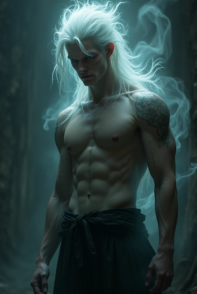 a man with effeminate features, white hair, muscles and a cursed aura