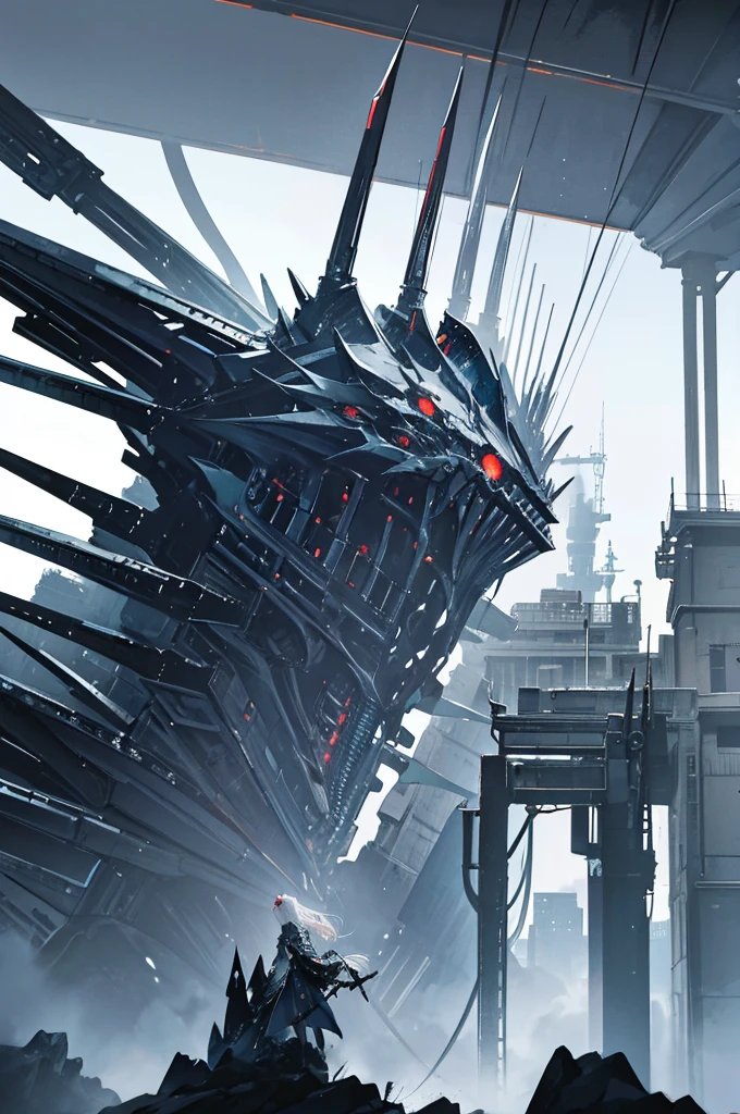 White hair,Huge battleship,Gloomy environment,Masterpiece,high quality