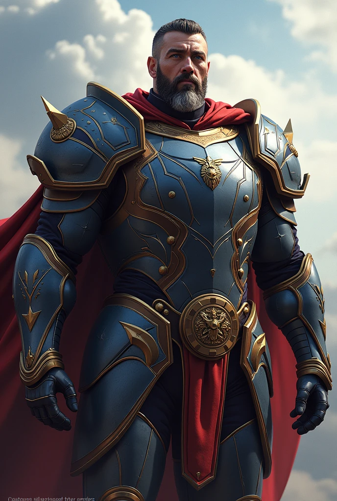 Prince Magnus is a towering figure, standing well over six feet tall with a muscular, battle-hardened physique. His presence is commanding, with a chiseled face that bears the scars of many battles. His hair is dark and cropped short, with streaks of gray at the temples, and his piercing blue eyes reflect both the intensity of a seasoned warrior and the wisdom of a battle-tested leader. He is often seen in his futuristic ceremonial armor, which is both functional and ornate, symbolizing his status as the "Hero of the Empire." The advance tech armor is emblazoned with the imperial crest and honors from his many campaigns, including a cape that flows behind him as he moves.