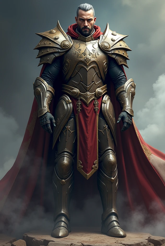 Prince Magnus is a towering figure, standing well over six feet tall with a muscular, battle-hardened physique. His presence is commanding, with a chiseled face that bears the scars of many battles. His hair is dark and cropped short, with streaks of gray at the temples, and his piercing blue eyes reflect both the intensity of a seasoned warrior and the wisdom of a battle-tested leader. He is often seen in his futuristic ceremonial armor, which is both functional and ornate, symbolizing his status as the "Hero of the Empire." The advance tech armor is emblazoned with the imperial crest and honors from his many campaigns, including a cape that flows behind him as he moves.