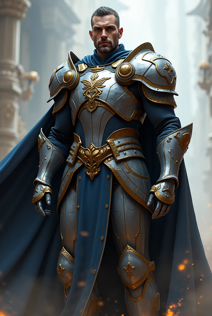 Prince Magnus is a towering figure, standing well over six feet tall with a muscular, battle-hardened physique. His presence is commanding, with a chiseled face that bears the scars of many battles. His hair is dark and cropped short, with streaks of gray at the temples, and his piercing blue eyes reflect both the intensity of a seasoned warrior and the wisdom of a battle-tested leader. He is often seen in his futuristic ceremonial armor, which is both functional and ornate, symbolizing his status as the "Hero of the Empire." The advance tech armor is emblazoned with the imperial crest and honors from his many campaigns, including a cape that flows behind him as he moves.