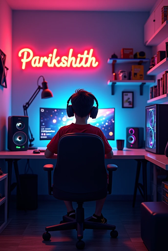 A boy streaming game a name in his gaming room called parikshith on wall