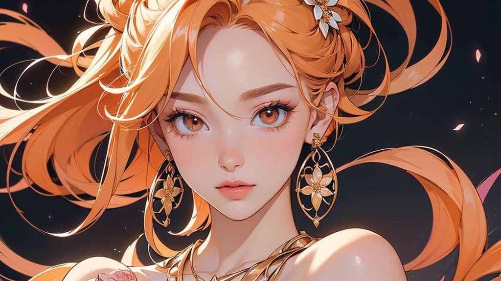 32K, 最高quality, 最高masterpiece, (ultra-Detailed Background, Detailed Background), High resolution, Super detailed, Very detailedな, 1 personの, (bouquet:1.3), (Tangled:1.2), (Geometric:1.2),(colorful),(masterpiece, quality, best quality, Official Art, Beautiful and beautiful:1.2), (1 person:1.3), Very detailed,(colorful:1.1)(Flowers:1.3),Most detailed,(Tangled:1.2), whole body, (Abstract background:1.3), (Skin glows), (Many colors:1.4), ,(Earrings Jewelry:1.5), Pale Orange Background, Gradation, It's imaginative., Flaxen Hair,