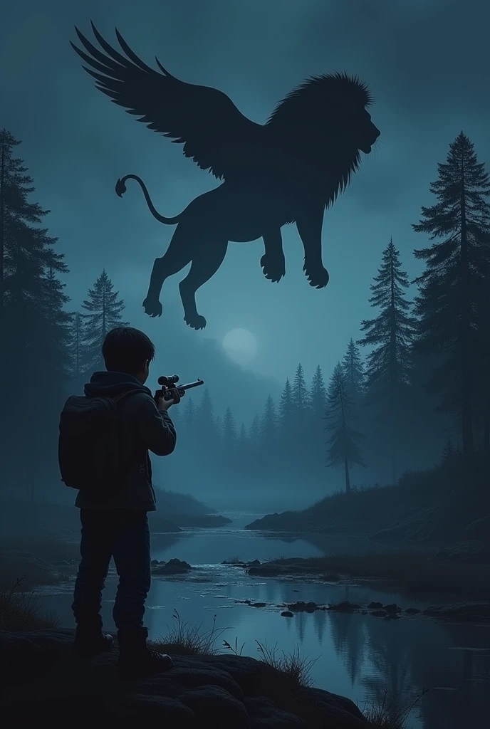 A dark night and there are forest lakes
a boy with his gun shooting a lion in sky