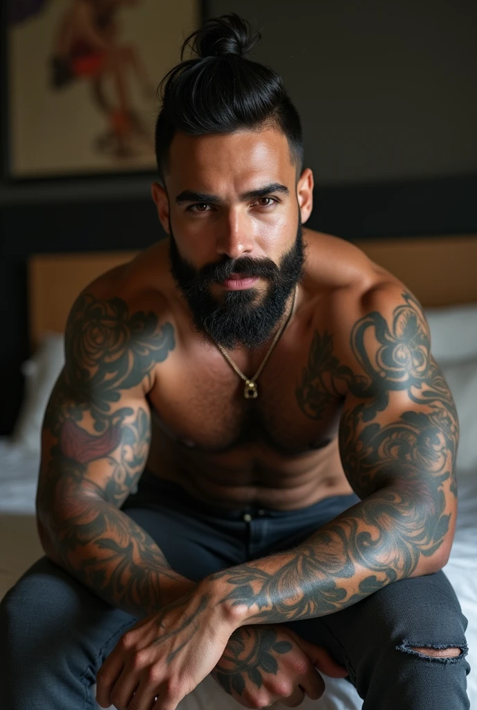 a bearded puerto rican man with full beard with tattoos on his arms and legs lying on a chair, posing on bed, mid shot of a handsome guy, striking a hot and majestic pose, male sexy, caio santos, masculine pose, the extremely hot and sexy, very sexy pose, super hot and sexy, look sexy at the camera, beautiful young man, beautiful young man