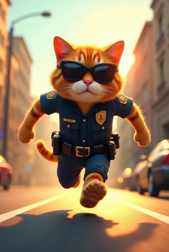 A cat in police uniform with sun glasses runing on the road vedio
